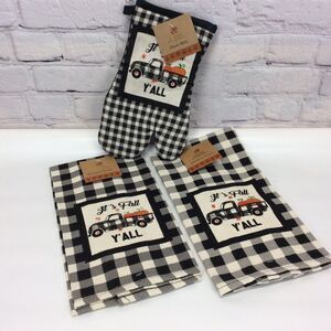 "It's Fall Y'all" 3 Piece Kitchen Set Black/White Buffalo Check Truck & Pumpkins